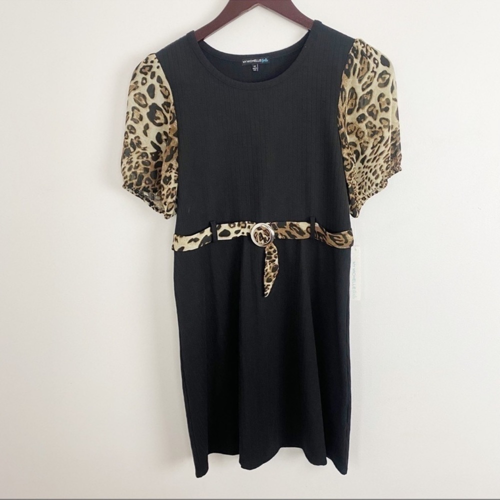 My Michelle Girls Black Ribbed Leopard Print Short Puff Sleeve Dress Sz 14 NEW